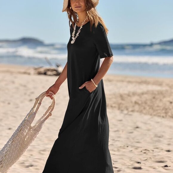 Women's 2025 Summer Maxi Dress Casual Short Sleeve Beach Vacation Crewneck Basic - Picture 2 of 7